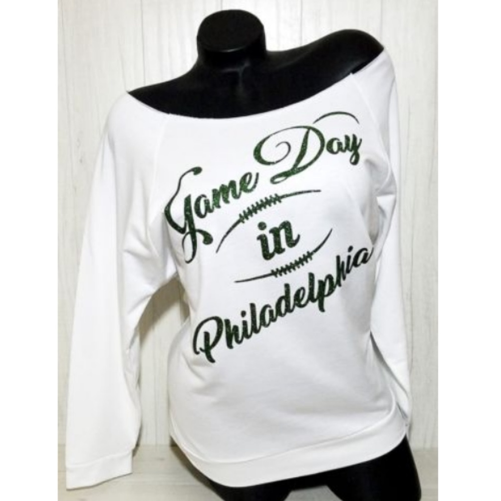 Philadelphia Game Day on a White Sweatshirt with Shiny Lettering. - Picture 2 of 4